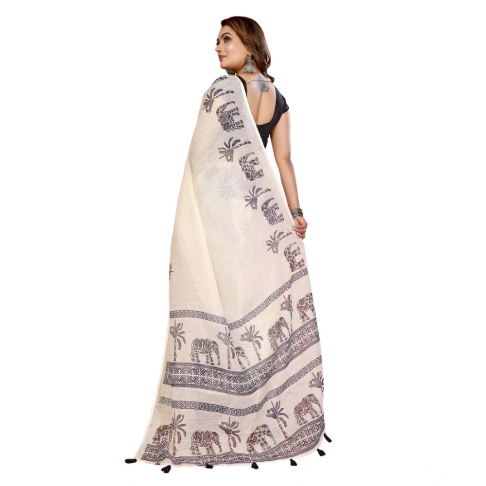 Women's Linen Cotton Printed Saree With Unstitched Blouse 5.5 Mtr (Off White)