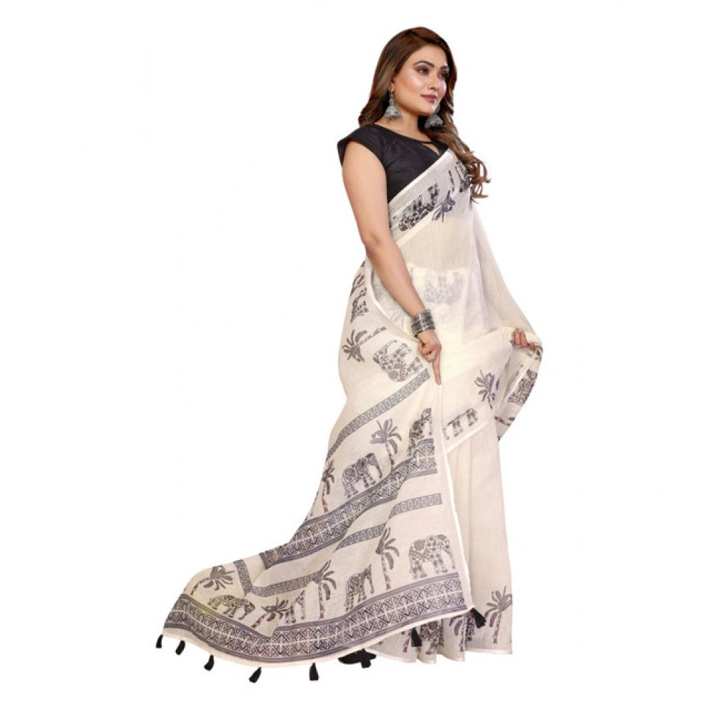 Women's Linen Cotton Printed Saree With Unstitched Blouse 5.5 Mtr (Off White)