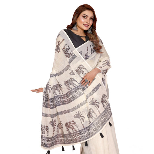 Women's Linen Cotton Printed Saree With Unstitched Blouse 5.5m (Off White)