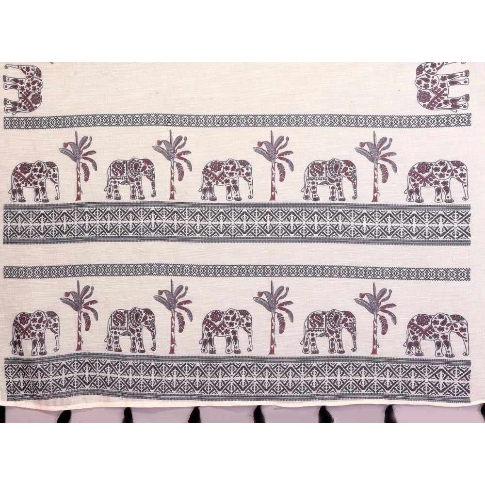 Women's Linen Cotton Printed Saree With Unstitched Blouse 5.5 Mtr (Off White)