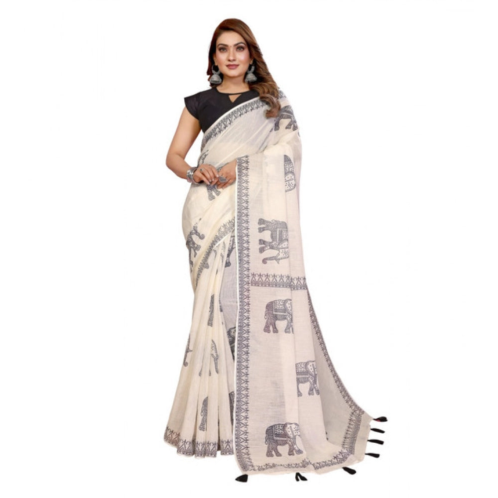 Women's Linen Cotton Printed Saree With Unstitched Blouse 5.5 Mtr (Off White)