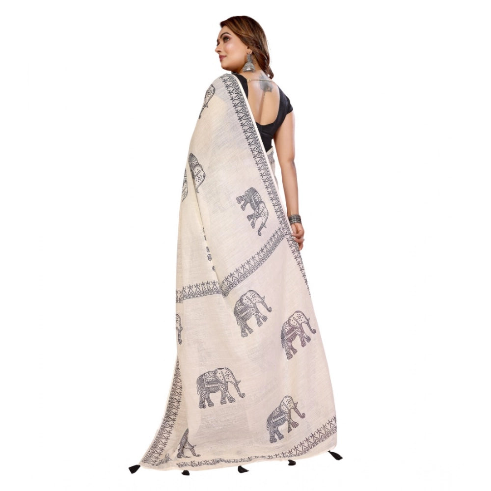 Women's Linen Cotton Printed Saree With Unstitched Blouse 5.5 Mtr (Off White)