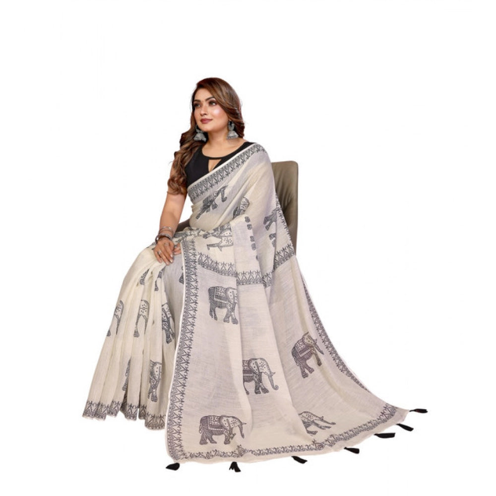Women's Linen Cotton Printed Saree With Unstitched Blouse 5.5 Mtr (Off White)