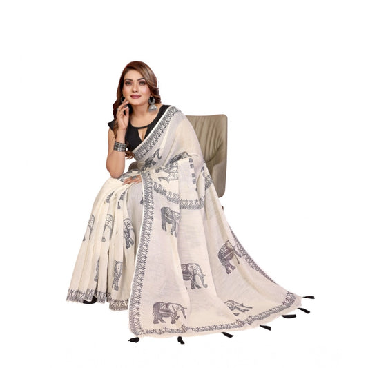 Women's Linen Cotton Printed Saree With Unstitched Blouse 5.5m (Off White)