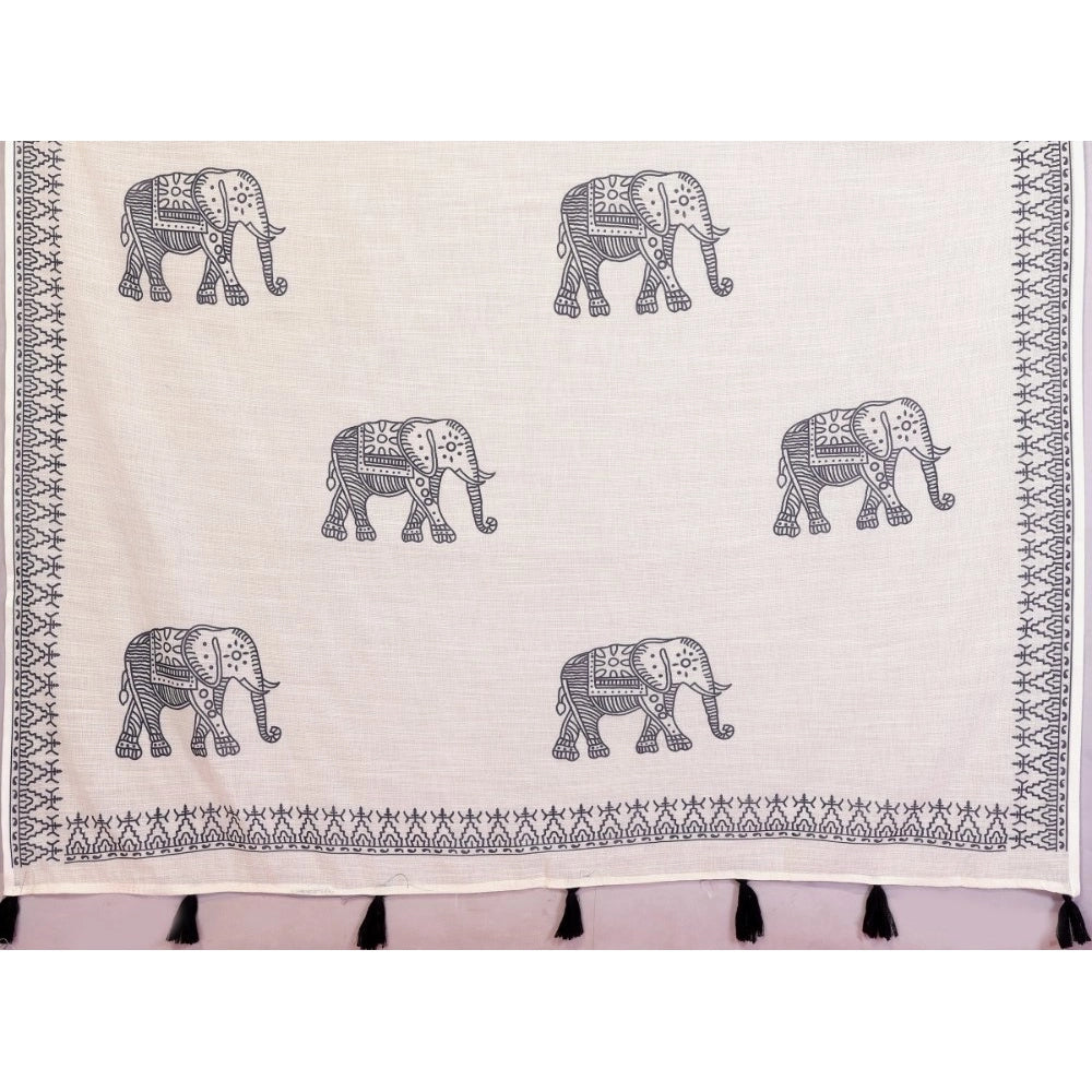 Women's Linen Cotton Printed Saree With Unstitched Blouse 5.5 Mtr (Off White)