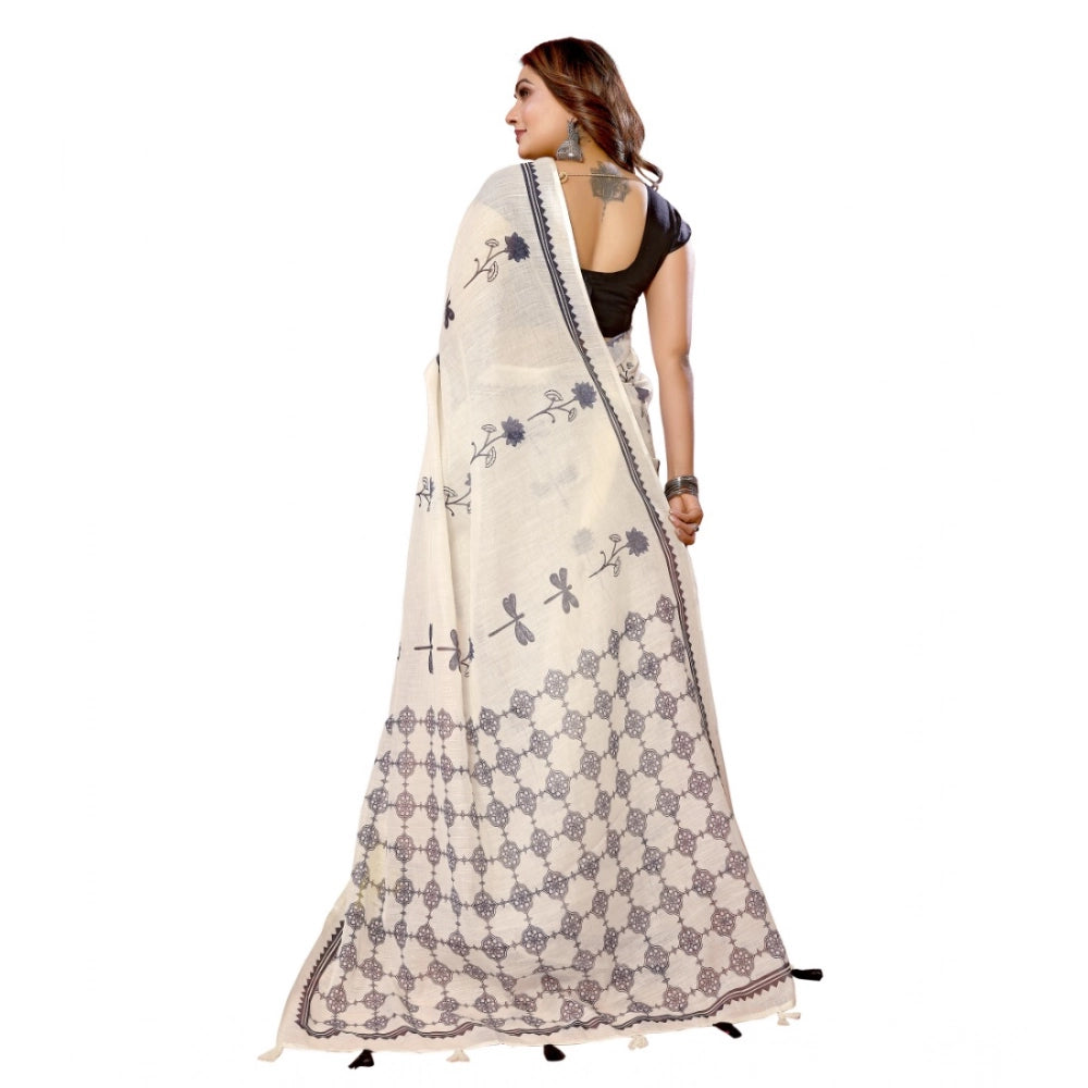 Women's Linen Cotton Printed Saree With Unstitched Blouse 5.5 Mtr (Off White)