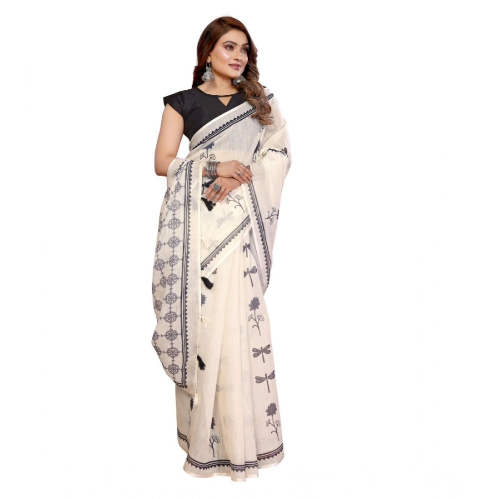 Women's Linen Cotton Printed Saree With Unstitched Blouse 5.5 Mtr (Off White)