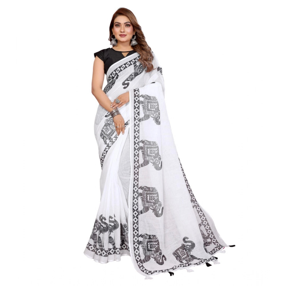 Women's Linen Cotton Printed Saree With Unstitched Blouse 5.5 Mtr (White)