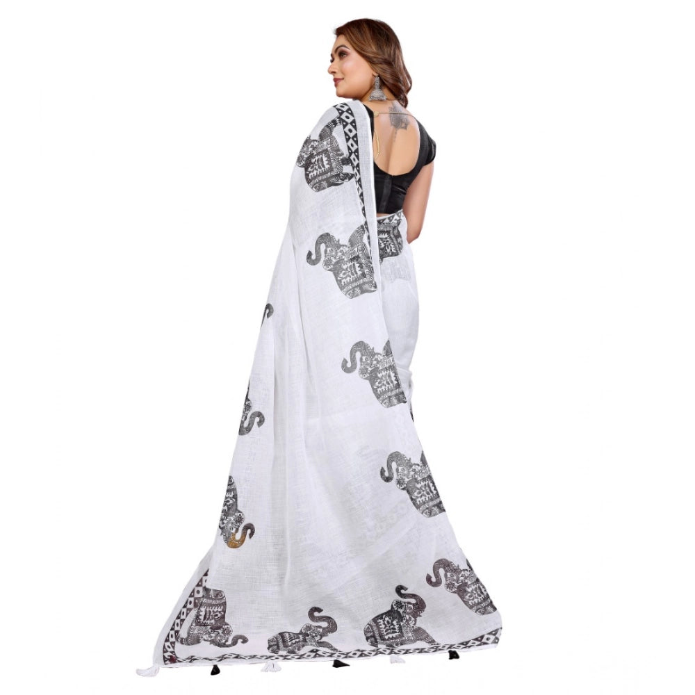 Women's Linen Cotton Printed Saree With Unstitched Blouse 5.5 Mtr (White)