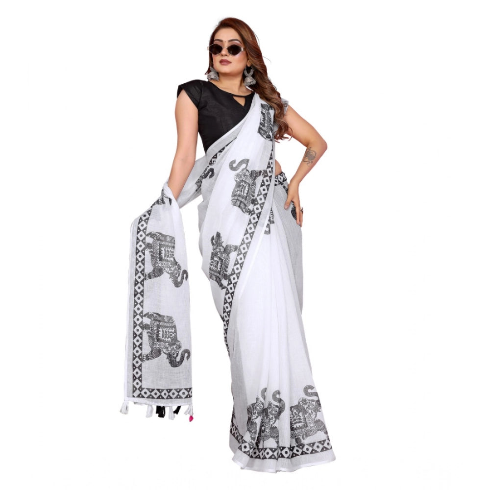 Women's Linen Cotton Printed Saree With Unstitched Blouse 5.5 Mtr (White)