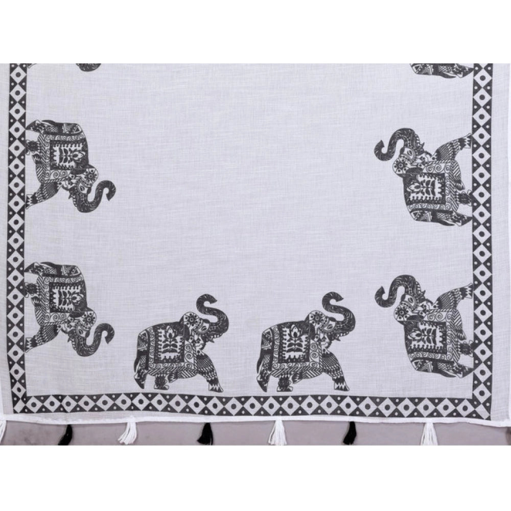 Women's Linen Cotton Printed Saree With Unstitched Blouse 5.5 Mtr (White)
