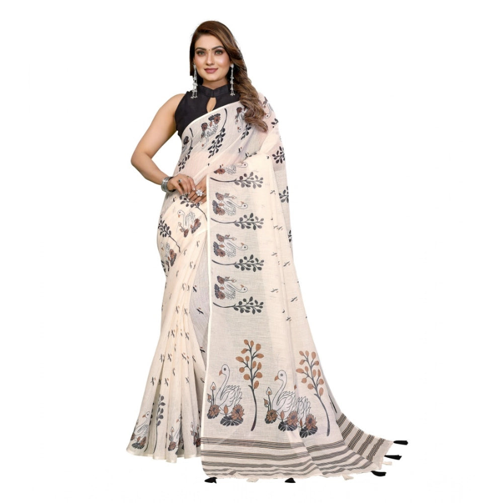 Women's Linen Cotton Printed Saree With Unstitched Blouse 5.5 Mtr (Off White)