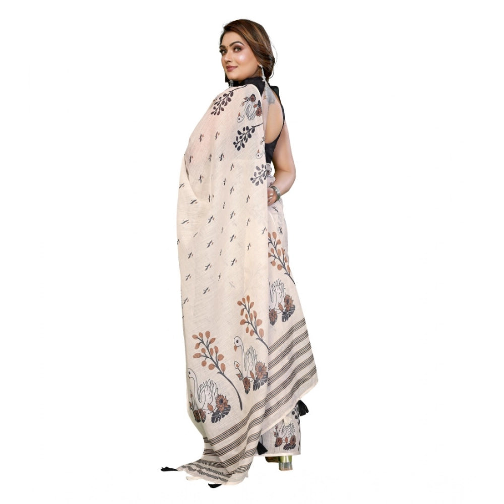 Women's Linen Cotton Printed Saree With Unstitched Blouse 5.5 Mtr (Off White)
