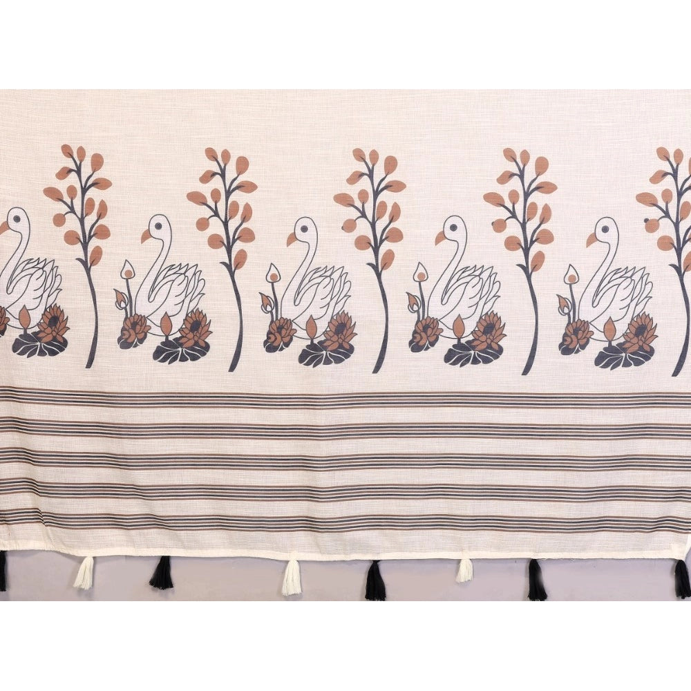 Women's Linen Cotton Printed Saree With Unstitched Blouse 5.5 Mtr (Off White)
