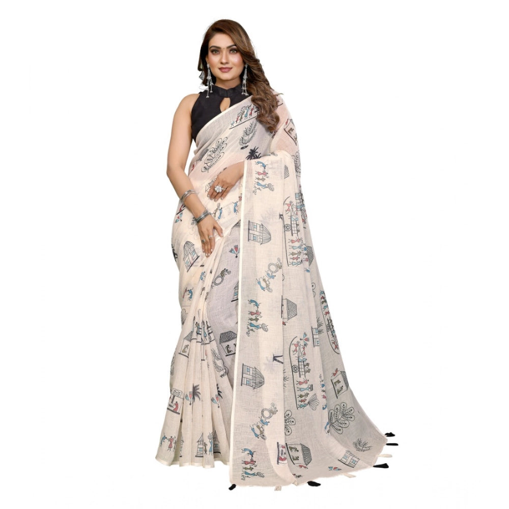 Women's Linen Cotton Printed Saree With Unstitched Blouse 5.5 Mtr (Off White)