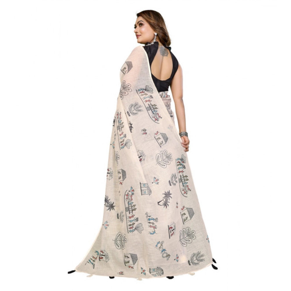 Women's Linen Cotton Printed Saree With Unstitched Blouse 5.5 Mtr (Off White)