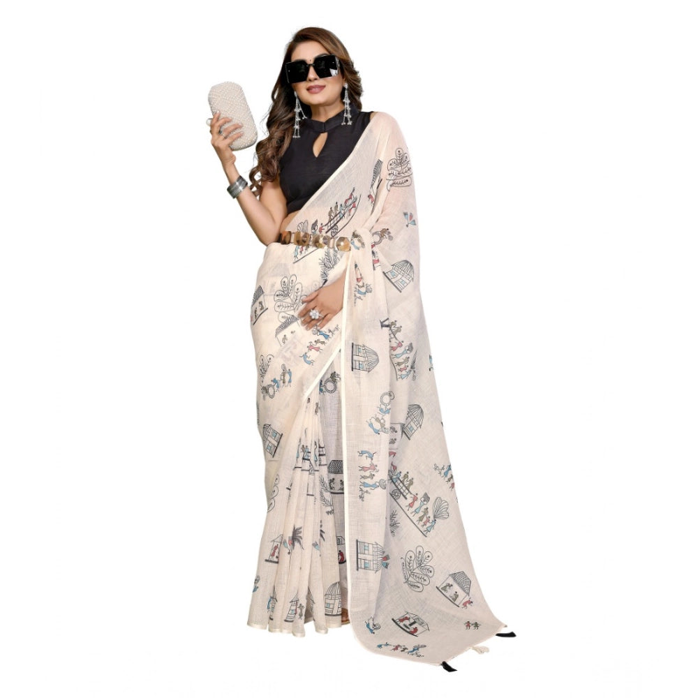 Women's Linen Cotton Printed Saree With Unstitched Blouse 5.5 Mtr (Off White)
