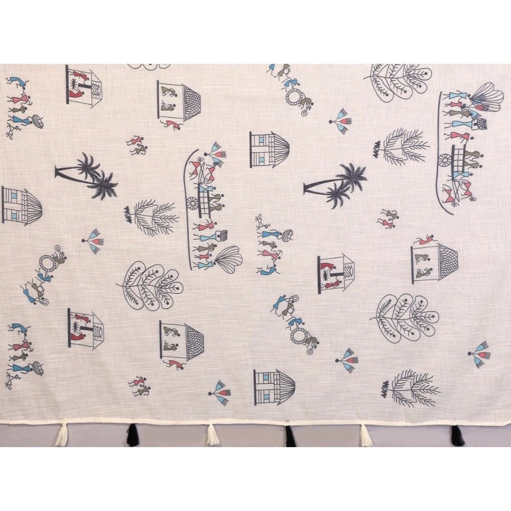 Women's Linen Cotton Printed Saree With Unstitched Blouse 5.5 Mtr (Off White)