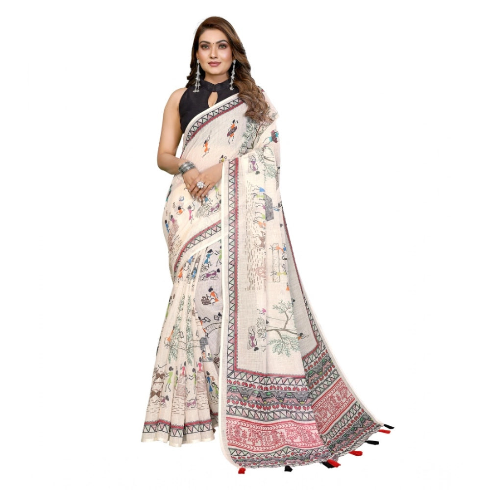 Women's Linen Cotton Printed Saree With Unstitched Blouse 5.5 Mtr (Off White)