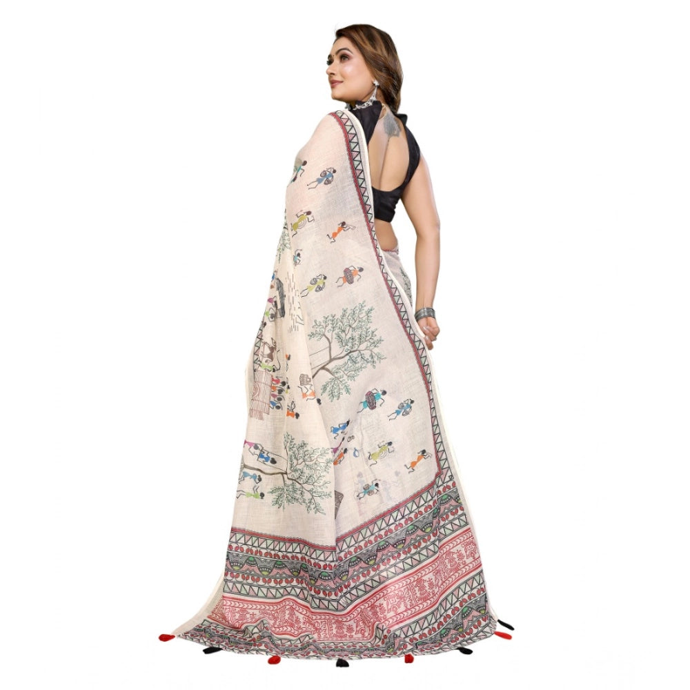 Women's Linen Cotton Printed Saree With Unstitched Blouse 5.5 Mtr (Off White)