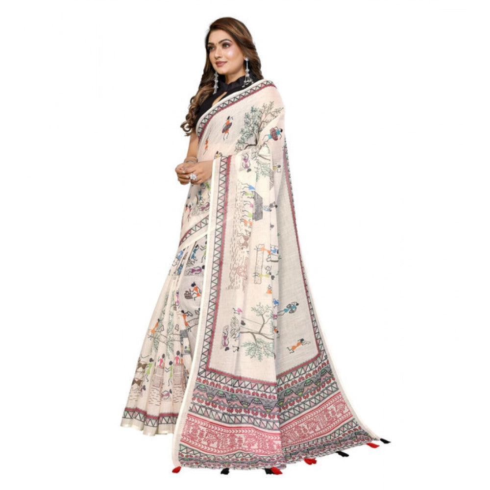 Women's Linen Cotton Printed Saree With Unstitched Blouse 5.5 Mtr (Off White)