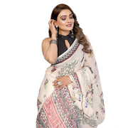 Women's Linen Cotton Printed Saree With Unstitched Blouse 5.5 Mtr (Off White)