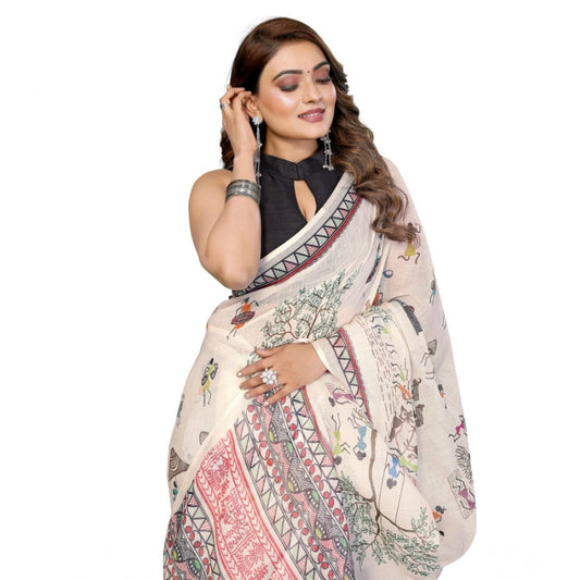 Women's Linen Cotton Printed Saree With Unstitched Blouse 5.5m (Off White)
