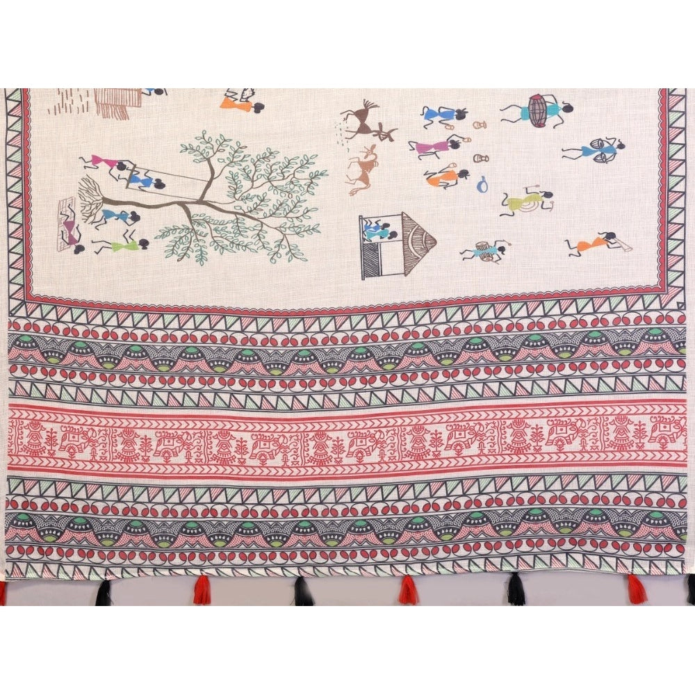 Women's Linen Cotton Printed Saree With Unstitched Blouse 5.5 Mtr (Off White)