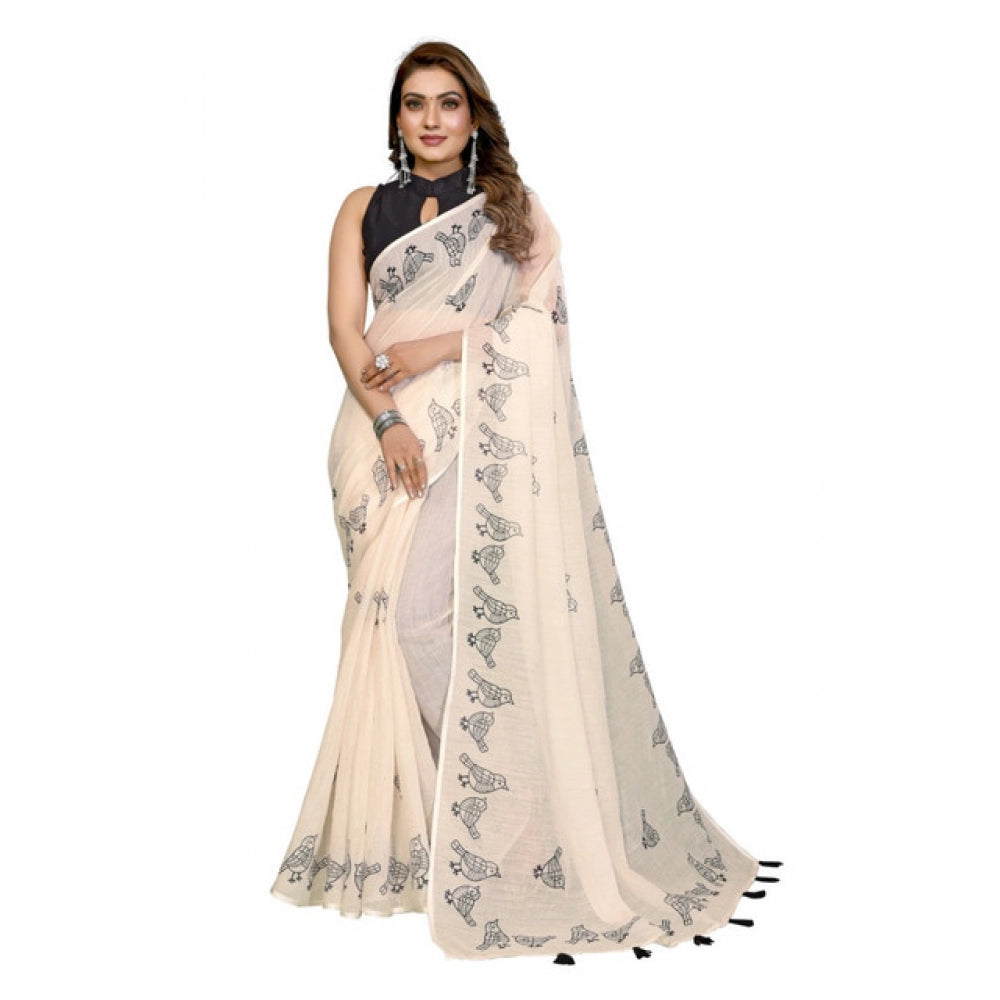 Women's Linen Cotton Printed Saree With Unstitched Blouse 5.5 Mtr (Off White)
