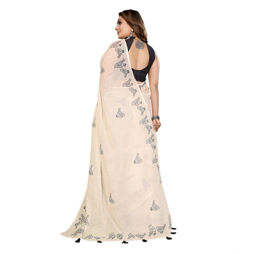 Women's Linen Cotton Printed Saree With Unstitched Blouse 5.5 Mtr (Off White)