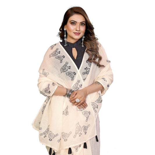 Women's Linen Cotton Printed Saree With Unstitched Blouse 5.5m (Off White)