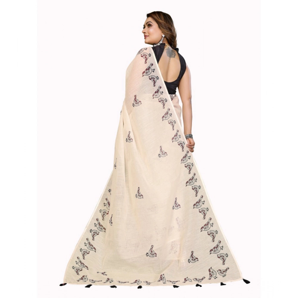 Women's Linen Cotton Printed Saree With Unstitched Blouse 5.5 Mtr (Off White)