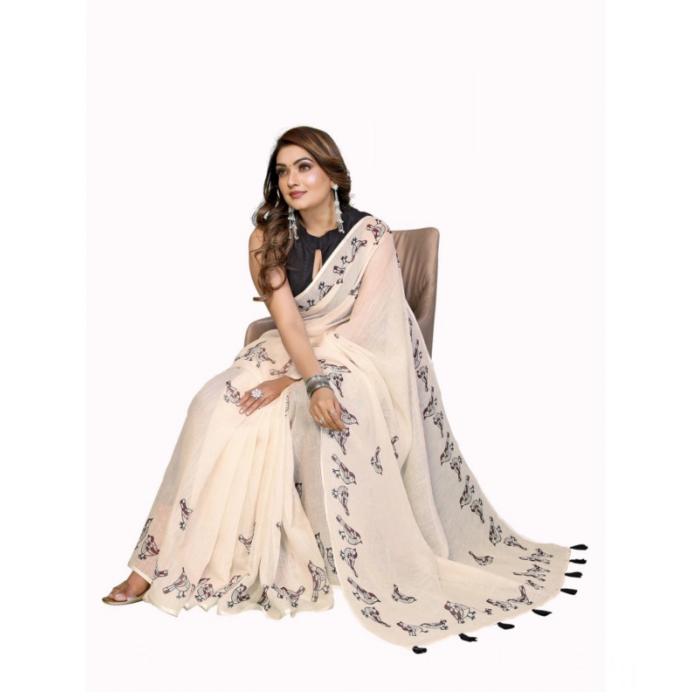 Women's Linen Cotton Printed Saree With Unstitched Blouse 5.5 Mtr (Off White)
