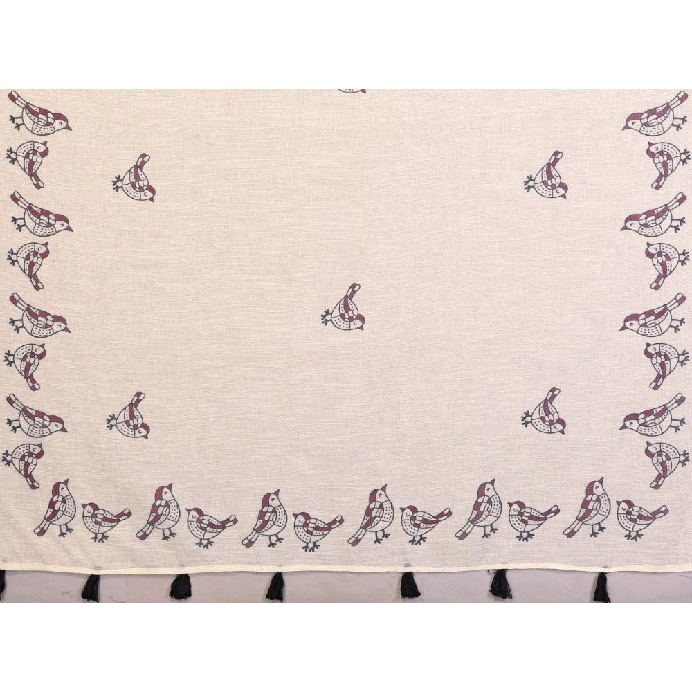 Women's Linen Cotton Printed Saree With Unstitched Blouse 5.5 Mtr (Off White)