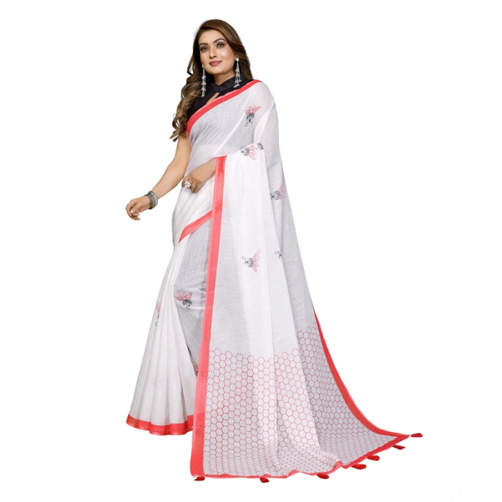 Women's Linen Cotton Printed Saree With Unstitched Blouse 5.5 Mtr (White)