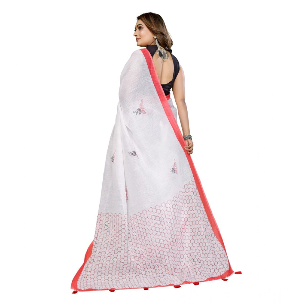 Women's Linen Cotton Printed Saree With Unstitched Blouse 5.5 Mtr (White)