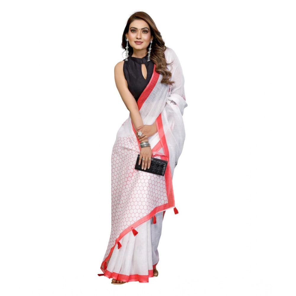Women's Linen Cotton Printed Saree With Unstitched Blouse 5.5 Mtr (White)
