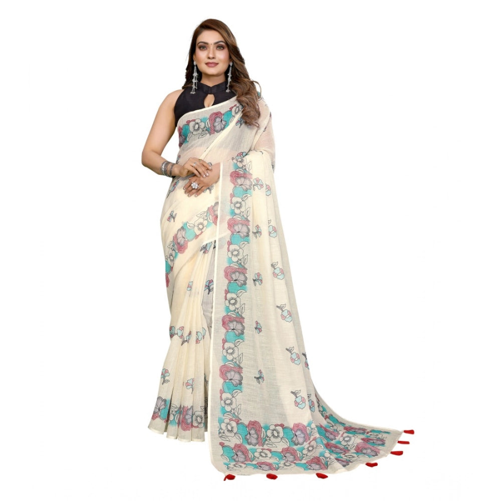 Women's Linen Cotton Printed Saree With Unstitched Blouse 5.5 Mtr (Off White)
