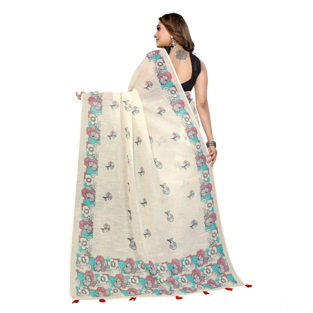 Women's Linen Cotton Printed Saree With Unstitched Blouse 5.5 Mtr (Off White)