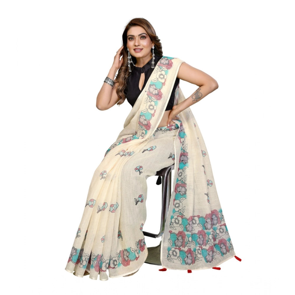 Women's Linen Cotton Printed Saree With Unstitched Blouse 5.5 Mtr (Off White)