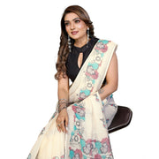 Women's Linen Cotton Printed Saree With Unstitched Blouse 5.5 Mtr (Off White)