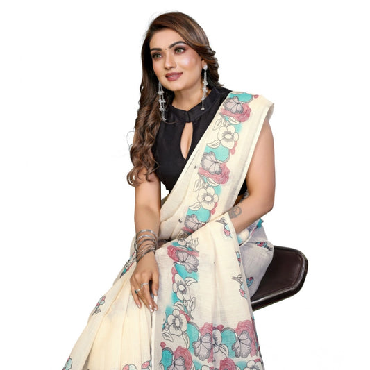 Women's Linen Cotton Printed Saree With Unstitched Blouse 5.5m (Off White)
