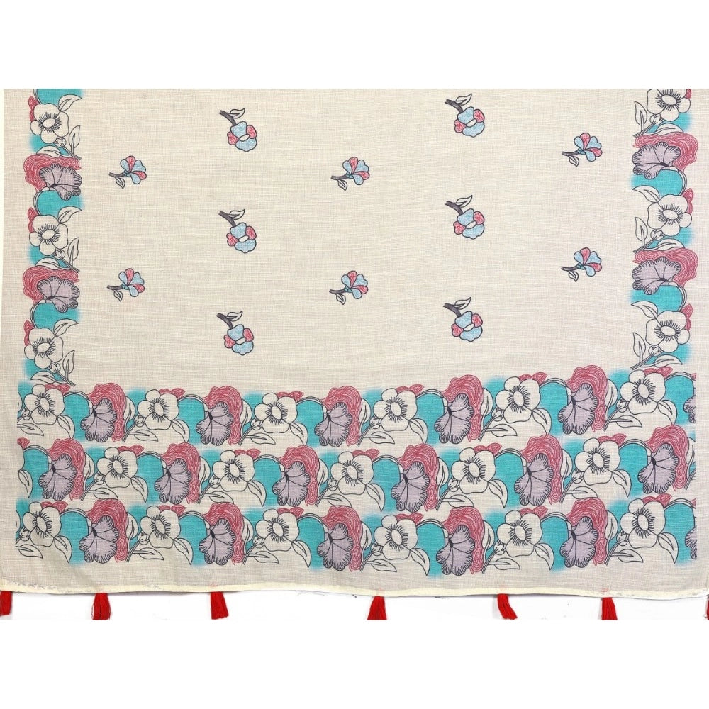 Women's Linen Cotton Printed Saree With Unstitched Blouse 5.5 Mtr (Off White)