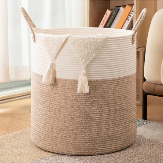 Cotton 12x14 Inch-Kidi-Handle Storage Basket For Clothes With Out Lid (Kidi-White) - POPNOVA