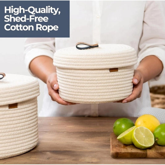 Cotton 2 Pcs Set Roti Box Storage Basket With Lid (White) - POPNOVA