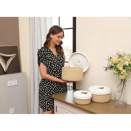 Cotton 3 Pcs Set Roti Box Storage Basket With Lid (Beige-White) - POPNOVA
