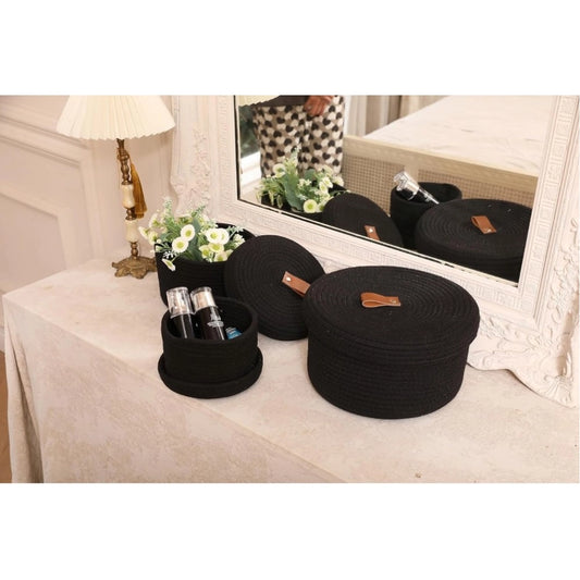 Cotton 3 Pcs Set Roti Box Storage Basket With Lid (Black) - POPNOVA