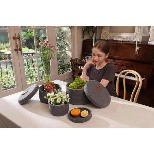 Cotton 3 Pcs Set Roti Box Storage Basket With Lid (Gray) - POPNOVA