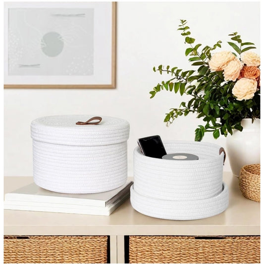 Cotton 3 Pcs Set Roti Box Storage Basket With Lid (White) - POPNOVA