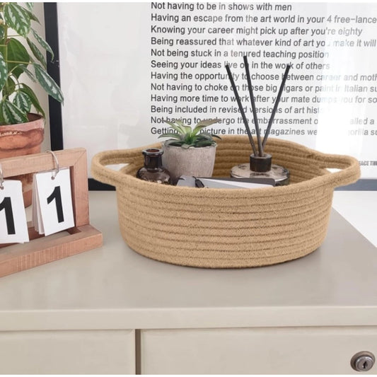 Cotton 8x3 Inch Round Bedside Organizer With Out Lid (Beige) - POPNOVA